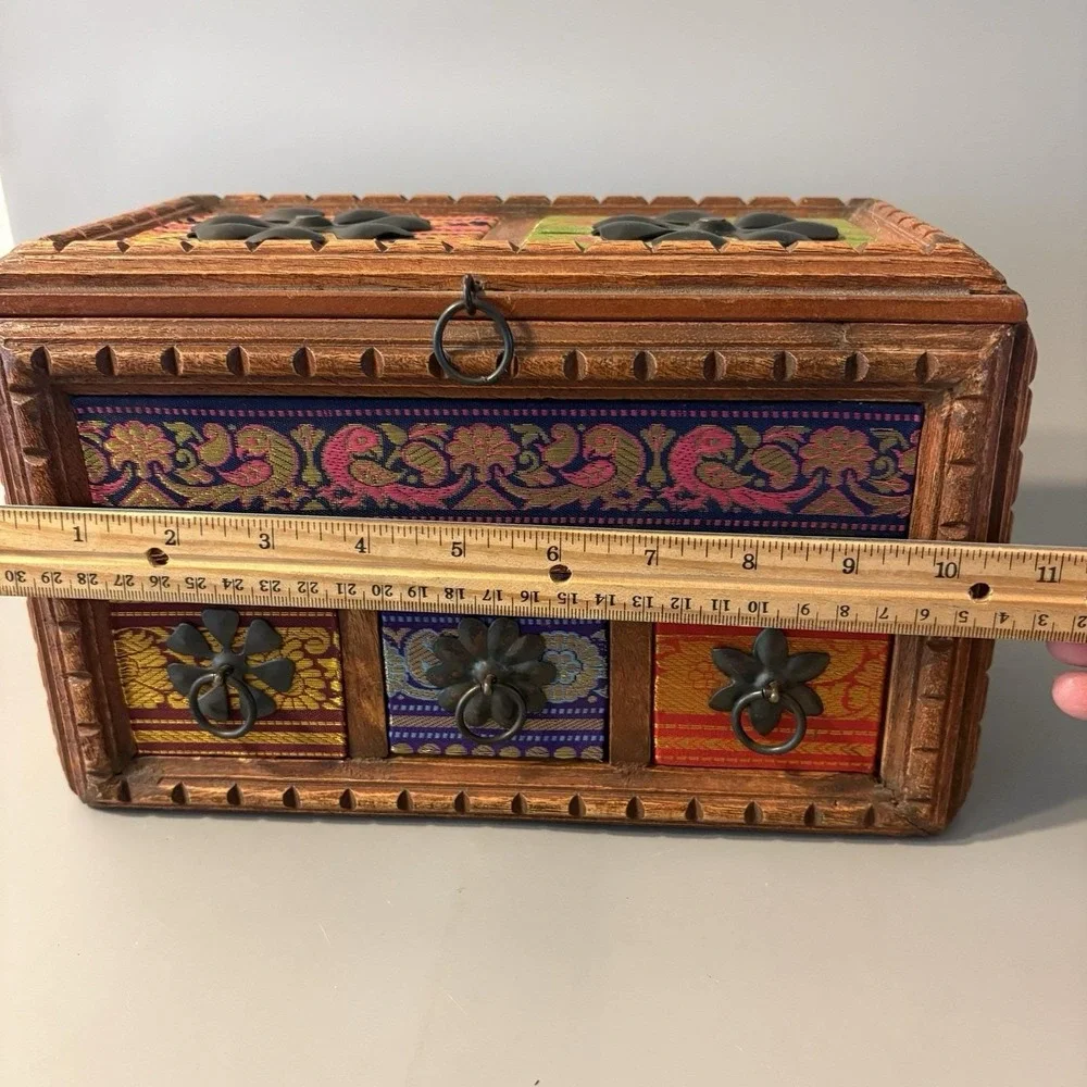 Vintage  Carved Wooden Spice Storage Jewelry Box Chest Indian Hippie Boho Heavy